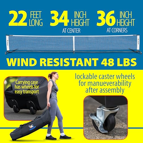 Deluxe Heavy Duty Pickleball Net with Wheels – Regulation Size Portable Net System with Lockable Wheels & Wheeled Carry Case | Tournament-Ready, Fast Setup | Backyard, Driveway, Gym & Court Use