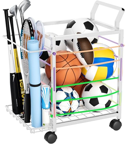 Sports Equipment Garage Organizer,Garage Ball Storage Rack for Sports with Wheels-Upgraded Sports Organizer Rack Outdoor Basketball Racks for Balls with Holder and Hooks (White)