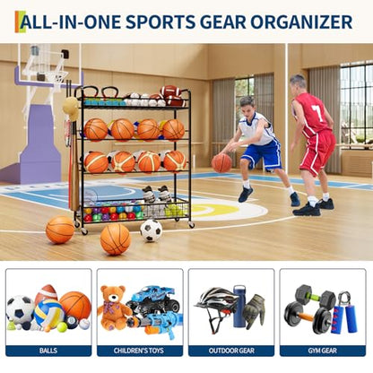 Garvee Basketball Rack, Rolling Basketball Training Stand, Sports Equipment Storage with Wheels, Four-Layer Organizer Holder with Two Basket for Basketballs Footballs Volleyball