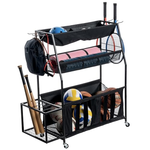 MyGift Garage Sports Equipment Organizer, 3 Tier Metal Ball Storage Bin with Wheels and Mesh Fabric Shelf Baskets, Rolling Gym Equipment Yoga Mat Storage Stand with Ball Toy Bins and 6 Hooks