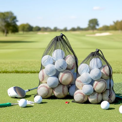 2 Pack Golf Ball Bag Nylon Mesh Bags Drawstring Golf Ball Storage, Sports Equipment Organizer for Gym, Beach, Travel, Laundry, 2 Sizes, Black