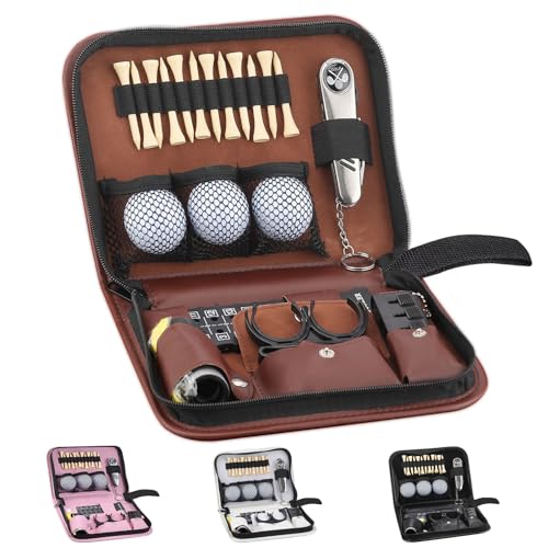 Golf Gifts for Men and Women,Golf Accessories Set with Hi-End Case,Golf Balls,Golf Tees,Golf Multifunctional Divot Tool,Rangefinder Golf Brush,Golf Scorer，Golf Ball Clamp - color: brown