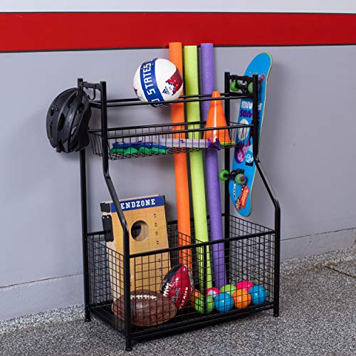 BIRDROCK HOME Sports Equipment Ball Organizer 43"H for Garage -Storage Rack - Baseball, Tennis, Football, Gym Gear - Wide Bin Basket - 4 Hooks - Kids Toy Holder - Hockey Stick Cage | Indoor - Outdoor