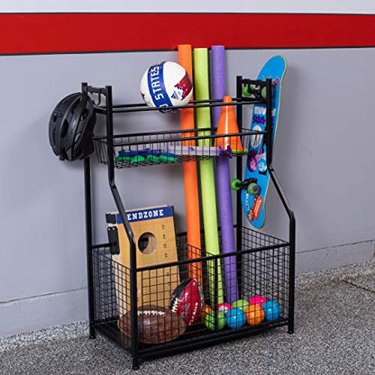 BIRDROCK HOME Sports Equipment Ball Organizer 43"H for Garage -Storage Rack - Baseball, Tennis, Football, Gym Gear - Wide Bin Basket - 4 Hooks - Kids Toy Holder - Hockey Stick Cage | Indoor - Outdoor