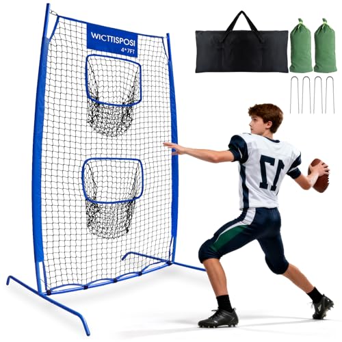 Football Throwing Net, Upgrade Heavy Duty Metal Frame Quarterback Training Equipment Throwing Machine with 1-4 Targets, Easy Setup Football Target Practice with CarryBag, Allweather Indoor Outdoor Use - size: 4 FT × 7 FT