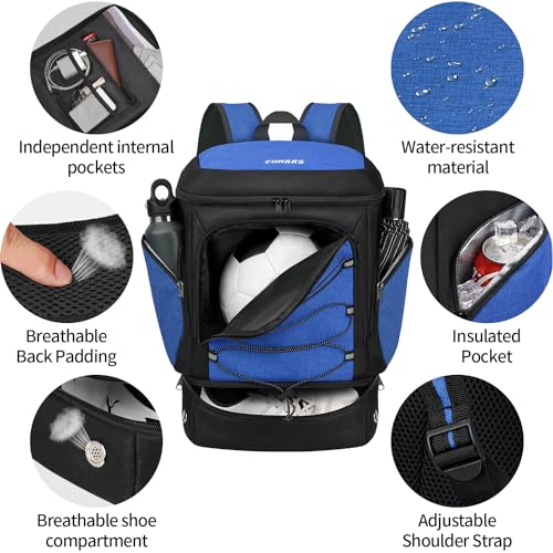 Soccer Bag - Soccer Backpack with Ball Holder,Sport Equipment Bags gifts for soccer stuff Water resistant Includes Separate Cleat Fit Basketball Volleyball Football - color: blue