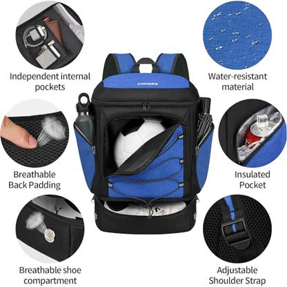 Soccer Bag - Soccer Backpack with Ball Holder,Sport Equipment Bags gifts for soccer stuff Water resistant Includes Separate Cleat Fit Basketball Volleyball Football - color: blue