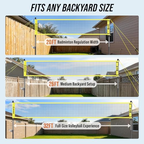 Outdoor Volleyball Net System for Backyard, Adjustable Height (5.1–8FT) & Width (20–32FT), Anti-Sag Tension System, 2-in-1 Badminton Combo Set with Carry Bag, Rackets & Shuttlecocks