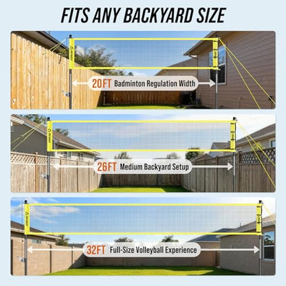 Outdoor Volleyball Net System for Backyard, Adjustable Height (5.1–8FT) & Width (20–32FT), Anti-Sag Tension System, 2-in-1 Badminton Combo Set with Carry Bag, Rackets & Shuttlecocks
