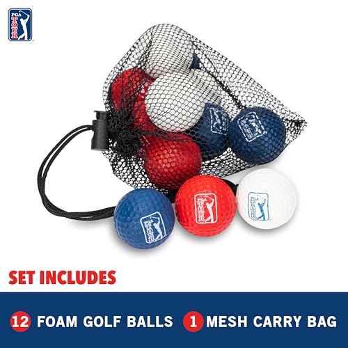 Franklin Sports PGA TOUR Indoor + Outdoor Foam Golf Balls - Kids + Adults Foam Golf Balls - Limited Flight - Includes Draw String Carry Bag - 12 Pack - Red, White + Blue