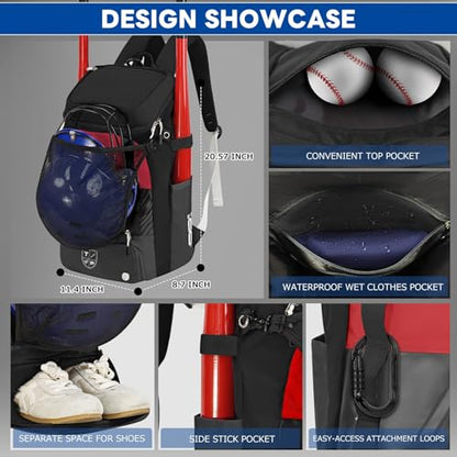 TPAID Baseball Backpack Large Capacity Softball Bag with Shoes Compartment and Fence Hook, Lightweight Baseball Equipment Bag Holds Bats, Helmets, Gloves, Hats, Clothes, Shoes - color: Black-B, size: 2 Bat Baseball