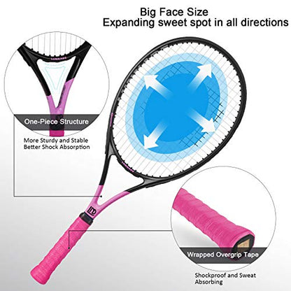 Adults Tennis Racket 2 Pack, Durable 27 Inch Coupled Tennis Racquet Light-Weight, Pre-Strung and Regrip, Suitable for Beginners to Intermediate Players - color: Purple+Pink