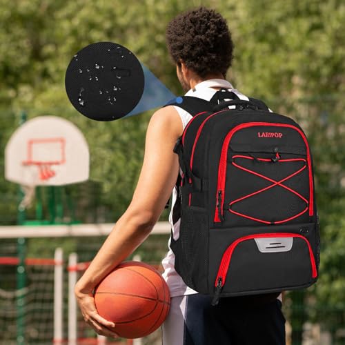LARIPOP Basketball Backpack Large Basketball Bag with Ball Holder & Shoe Compartment for Youth Adults Men Women - color: Red