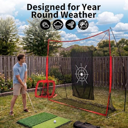 Garvee Golf Nets 10x7 FT, Golf Practice Net for Backyard Driving Real GolfBalls, Golfer Hitting with Chipping, Dual Turf Mat, Silk Targets, Balls&Tees, Carry Bag, for Garage Indoor Outdoor Driving