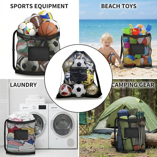 Extra Large Mesh Ball Bag with Pocket, Holds 13 Soccer Balls, 10 Basketballs, Heavy Duty Drawstring Net Bag, Team Coaches Sports Equipment Storage Duffle Sack for Volleyball, Swimming Gear