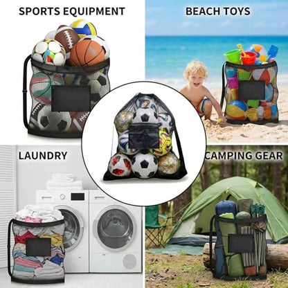 Extra Large Mesh Ball Bag with Pocket, Holds 13 Soccer Balls, 10 Basketballs, Heavy Duty Drawstring Net Bag, Team Coaches Sports Equipment Storage Duffle Sack for Volleyball, Swimming Gear
