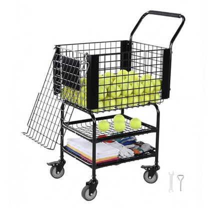 Tennis Ball Basket Pickup Hopper with Wheel Holds 350 Balls 2 Layers Tennis Ball Hopper Basket Cart for Teaching & Court Use