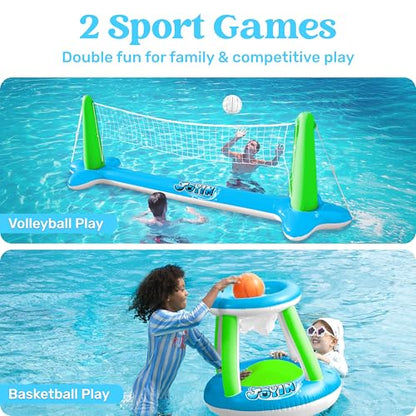 JOYIN Inflatable Volleyball Net & Basketball Hoops Pool Float Set; Balls Included for Kids and Adults, Summer Pool Game, Floaties, Volleyball Court (105”x28”x38”) Basketball (27.6”x23”),Green,Blue - color: Green Blue, size: Large