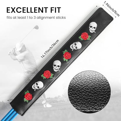 FINGER TEN Golf Alignment Stick Cover Headcover Rods Holder Case Leather 14''× 2'' in USA Black White Green Hold At Least 2 Sticks - color: Rose