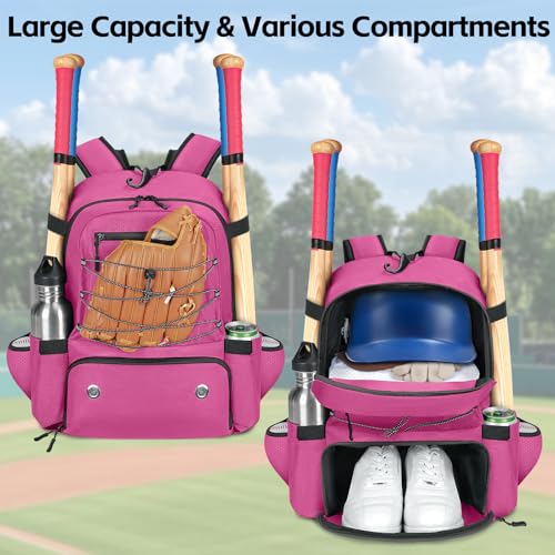 MATEIN Baseball Bat Bag for 4 Bats with Ball Pocket, Lightweight Youth Baseball Backpack with Shoe Compartment, Large Capacity Softball Equipment Bag with Fence Hook for TBall Gear, Helmet, Glove - color: Pink