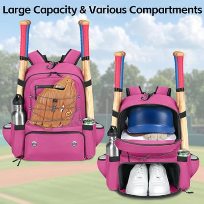 MATEIN Baseball Bat Bag for 4 Bats with Ball Pocket, Lightweight Youth Baseball Backpack with Shoe Compartment, Large Capacity Softball Equipment Bag with Fence Hook for TBall Gear, Helmet, Glove - color: Pink