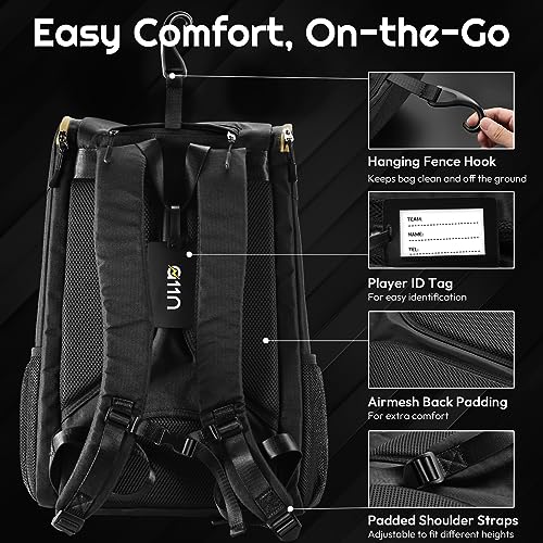 A11N SPORTS Tournament Pickleball Bag Backpack for Men & Women, Holds 4 Paddles, Shoe Compartment, Fence Hook - color: Black/Gold