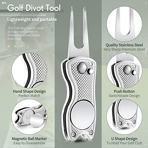 Skylety 4 Pcs Golf Divot Repair Tool Metal Foldable Golf Divot Tool with Magnetic Pop-up Button Ball Marker Stainless Steel Switchblade for Golfers Prizes - color: Silver
