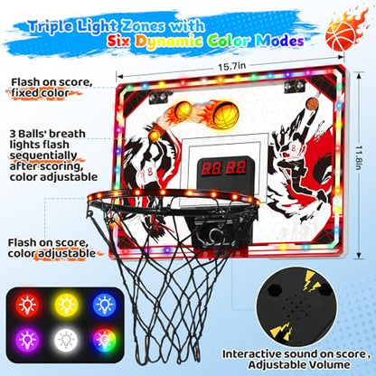 Indoor Basketball Hoop for Kids & Adults, Over The Door Mini Basketball Hoop with Remote Control Scoreboard, 6 LED Light Modes, Foldable Rim Sports Toys for Ages 8-13 Teen Boys Birthday Gifts
