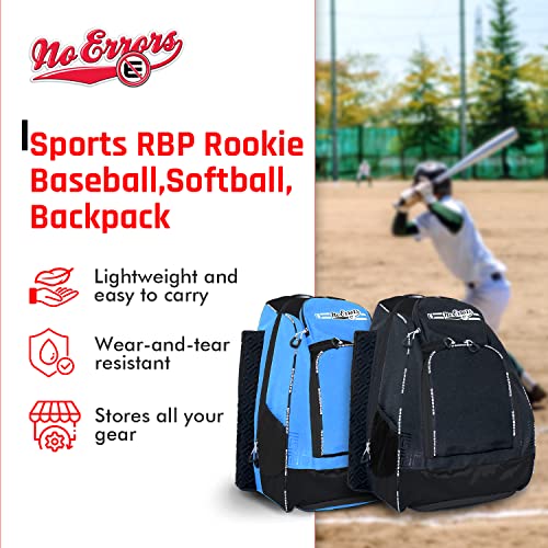 No Errors Sports RBP Rookie Baseball and Softball Backpack - Youth Baseball and Softball Bat Bag with Fence Hooks - Baseball and Softball Equipment Bag for Kids - color: Black/Silver