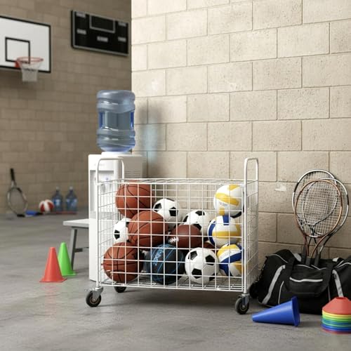 MyGift Professional Gym Metal Multi Sports Ball Storage Cart with Jumbo Industrial Wheels, Commercial Grade Portable Equipment Locker Cage for Basketball, Football, Soccer, Volleyball