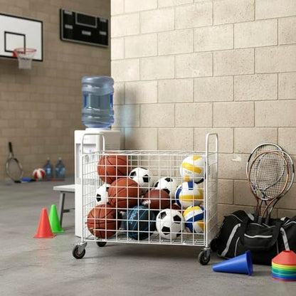 MyGift Professional Gym Metal Multi Sports Ball Storage Cart with Jumbo Industrial Wheels, Commercial Grade Portable Equipment Locker Cage for Basketball, Football, Soccer, Volleyball