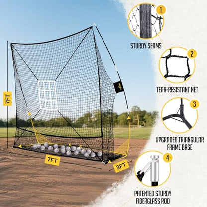 7x7 Baseball & Softball Net with Large Ball Collection System, Upgraded Triangular Base, Softball Pitching Net with 2 Strike Zone, Baseball Nets for Batting, Pitching, Fielding
