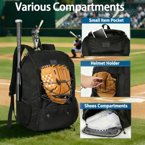 MATEIN Baseball Backpack, Softball Bat Bag with Shoes Compartment for Youth, Boys and Adult, Lightweight Baseball Bag with Fence Hook Hold TBall Bat, Batting Mitten, Helmet, Caps, Teeball Gear - color: Black, size: 29L