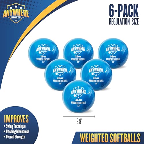 Anywhere Sports Weighted 16 oz Training Softballs - Hitting & Pitching for All Skill Levels - Improve Power and Mechanics with Weighted Softball Training Balls, 3.8” Diameter, Set of Six Balls
