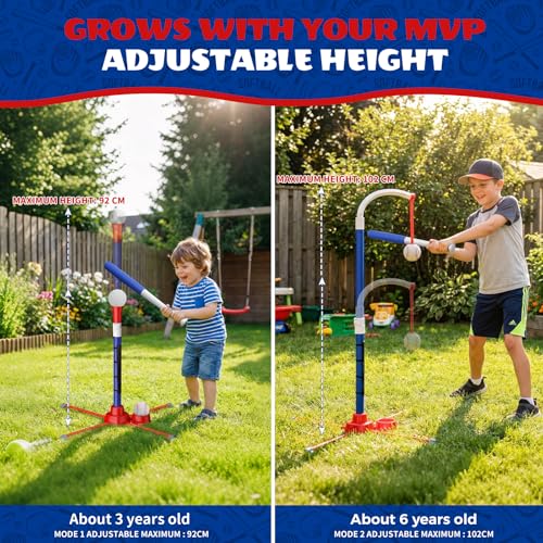 3-in-1 T Ball Set for Kids 3-5, Adjustable Baseball Tee with Auto Ball Launcher, Hanging Stand & 4 Balls, Indoor/Outdoor Sports Toys Gifts for Boys Girls Ages 5-8