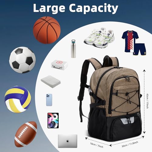 HUA ANGEL Basketball Backpack, Large Sports Bag with Separate Ball Holder & Shoe Compartment, Men/Women Gym Backpack for Basketball Soccer Volleyball - color: Brown