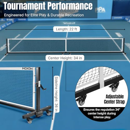 MOXOW Semi-Permanent Pickleball Net for Tournament Play, Heavy-Duty Net with Premium Crank Tension System, All-Weather Rust-Resistant Aluminum Frame with Moveable Wheels