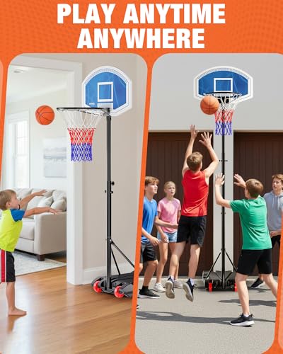 SPOYNAL LED Portable Basketball Hoop for Teens, Adjustable Height 3.8 FT–7 FT Goal System, with Fillable Base & Wheels | Perfect for Driveway, Poolside, Garage & Night Training, Pool Basketball Hoop
