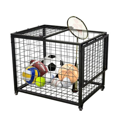 Yeeoy Rolling Sports Ball Storage Cart, Multi Large Sports Equipment Organizer Holder with Lockable Lid, Indoor Outdoor Ball Cage Bin Sport Rack for Gym, School, Club