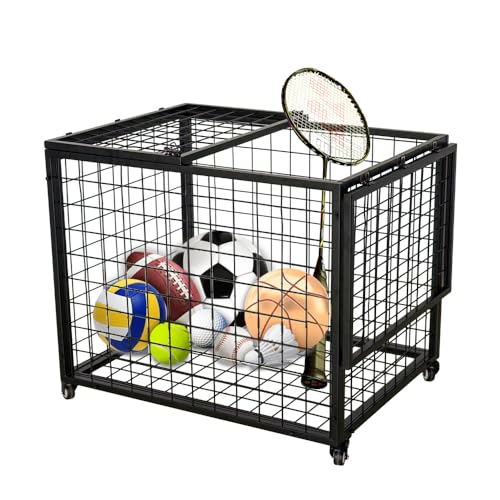 Yeeoy Rolling Sports Ball Storage Cart, Multi Large Sports Equipment Organizer Holder with Lockable Lid, Indoor Outdoor Ball Cage Bin Sport Rack for Gym, School, Club