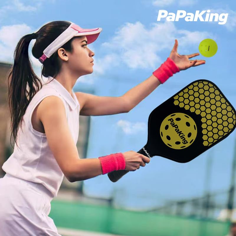 Carbon Fiber Pickleball Paddle with 2 Balls, Lightweight Paddle with Large Sweet Spot & Vibration Damping, Carbon Fiber Textured Surface for High Spin & Control, PP Honeycomb Core