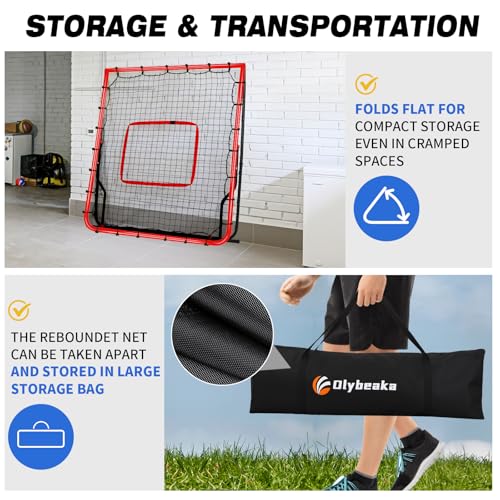 5-Angle Baseball Rebounder Net Bounce Back Net Solo Fielding Trainer 48x52 Inch, Multi-Sport Pitch Back for Ground, Line Drive, Fly Ball with Stable Frame, 45-PLY Net, Carry Bag - color: Red