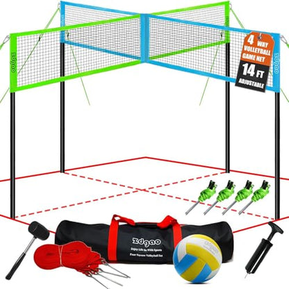 Zdgao 14 ft/20 ft 4-Way Volleyball and Badminton Combo Net with Soft Volleyball, Rubber Hammer and Carry Bag, Adjustable Height Four Square Volleyball Game Set for Backyard and Beach - color: 14FT BLUE & GREEN