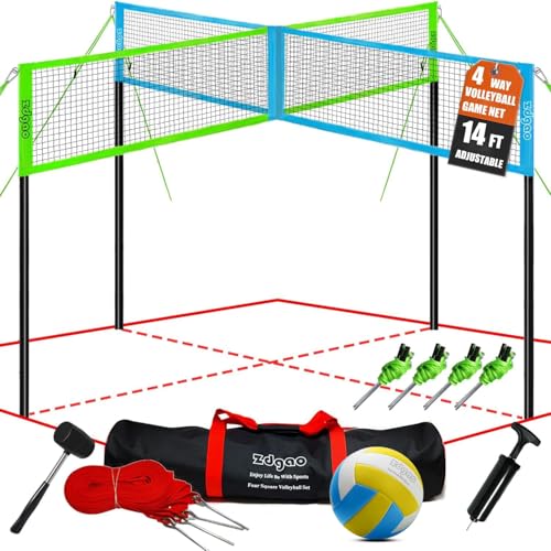 Zdgao 14 ft/20 ft 4-Way Volleyball and Badminton Combo Net with Soft Volleyball, Rubber Hammer and Carry Bag, Adjustable Height Four Square Volleyball Game Set for Backyard and Beach - color: 14FT BLUE & GREEN