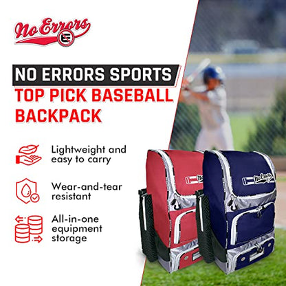 No Errors Top Pick Baseball Backpack for Kids - Heavy Duty Youth Baseball and Softball Bag with Fence Hooks - Dual Glove and Bat Compartments - color: Navy