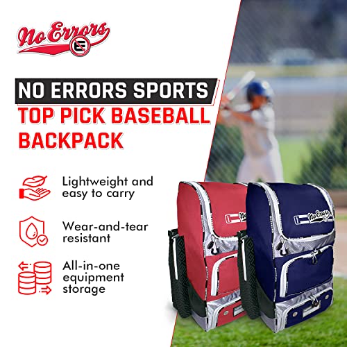 No Errors Top Pick Baseball Backpack for Kids - Heavy Duty Youth Baseball and Softball Bag with Fence Hooks - Dual Glove and Bat Compartments - color: Navy