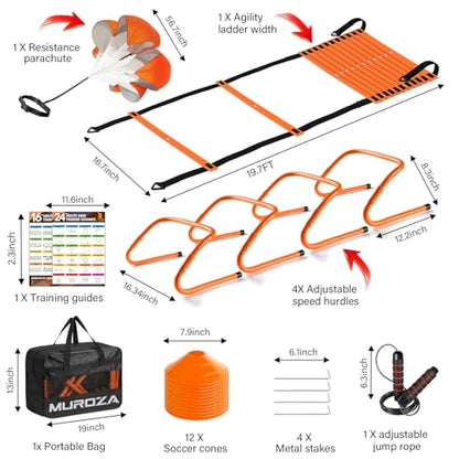 Agility Ladder Speed Training Equipment Set, Kids Soccer Goals for Backyard Set, 20ft Agility Ladder,12 Soccer Cones,4 Hurdles, Jump Rope, Running Parachute, Basketball Football Soccer Training Equipm