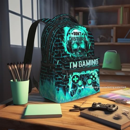 Video Game Backpack for Boys School Backpack for Kids Children Teens Elementary Middle School - Students Bookbag Ages 6-18, Waterproof Adjustable Game Bookbag Travel Daypack - color: Green Skull Game