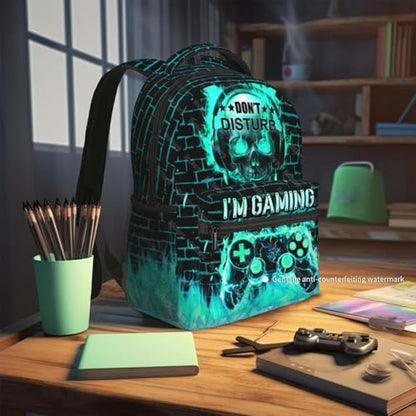 Video Game Backpack for Boys School Backpack for Kids Children Teens Elementary Middle School - Students Bookbag Ages 6-18, Waterproof Adjustable Game Bookbag Travel Daypack - color: Green Skull Game
