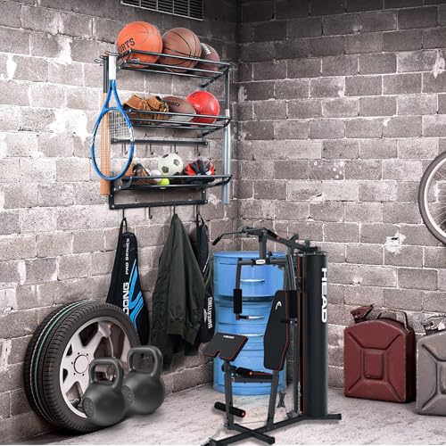 Garage Sports Equipment Organizer Wall Mount - 3 Shelves Ball Rack Organizer and 4 S-Hooks for Easy Installation and Storage of Balls in Garages or Gyms Matte Black